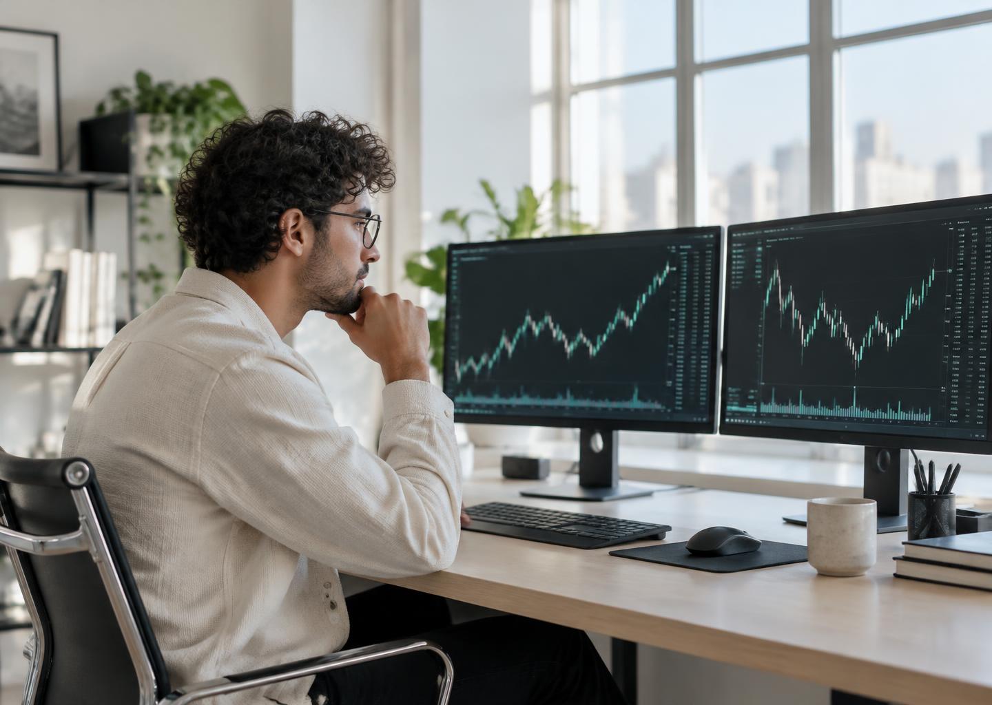 Trader reviewing financial charts at a sunlit workspace